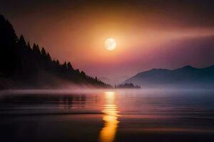 une plein lune est vu plus de une Lac avec des arbres et montagnes. généré par ai photo