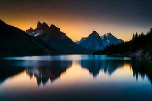 le montagnes sont réfléchi dans le l'eau à le coucher du soleil. généré par ai photo