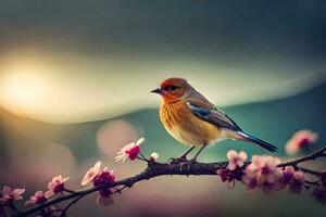 une oiseau est séance sur une branche avec rose fleurs. généré par ai photo