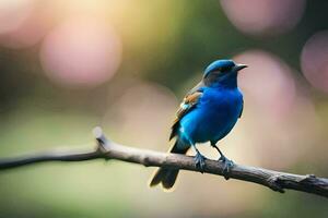 une bleu oiseau séance sur une branche avec une flou Contexte. généré par ai photo