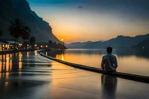 une homme séance sur le bord de une Dock à le coucher du soleil. généré par ai photo