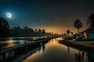 une éclairé par la lune rivière avec une Dock et une maison sur le rive. généré par ai photo