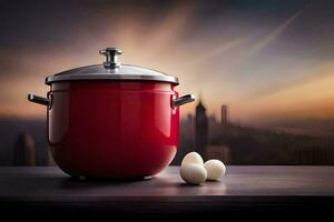 rouge pot avec des œufs sur table dans de face de paysage urbain. généré par ai photo