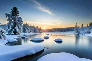 photo fond d'écran le ciel, neige, des arbres, rivière, rochers, eau, coucher de soleil, le Soleil. généré par ai