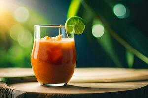 une verre de jus avec une citron vert tranche sur Haut. généré par ai photo