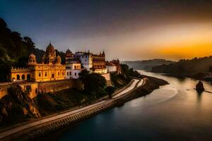 le le coucher du soleil plus de le rivière dans Inde. généré par ai photo