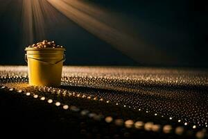 une seau de des balles sur une table avec lumière brillant à travers. généré par ai photo