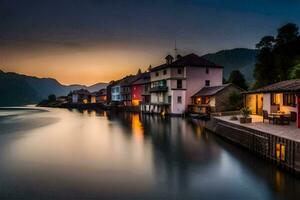 une magnifique le coucher du soleil plus de une Lac avec Maisons sur le rive. généré par ai photo