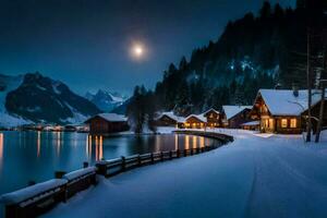 une Lac et cabine dans le neige à nuit. généré par ai photo