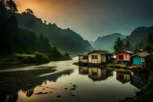 Maisons sur le banques de une rivière à le coucher du soleil. généré par ai photo