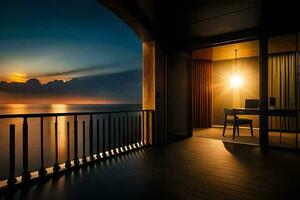 une balcon surplombant le océan à le coucher du soleil. généré par ai photo
