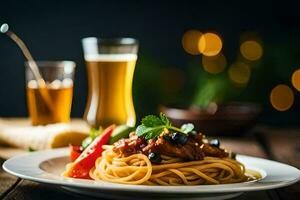 spaghetti avec Viande et des légumes sur une plaque. généré par ai photo
