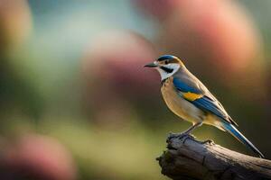 une oiseau avec une Jaune et bleu tête séance sur une branche. généré par ai photo