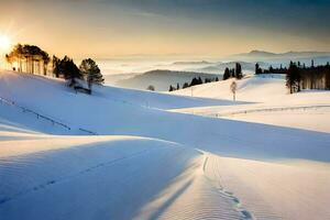 neige couvert montagnes et des arbres à le coucher du soleil. généré par ai photo