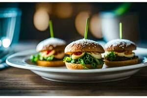 petit hamburgers sur une assiette avec cure-dents. généré par ai photo