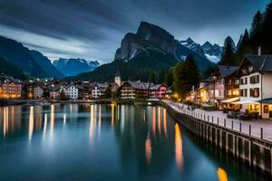 photo fond d'écran le ciel, montagnes, lac, Maisons, Suisse, le nuit, le lac. généré par ai