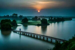 une homme des stands sur une pont plus de une rivière à le coucher du soleil. généré par ai photo