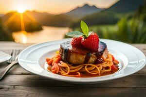 une assiette de Pâtes avec des fraises et tomates sur une tableau. généré par ai photo