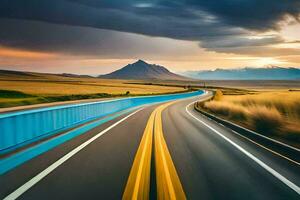 une longue exposition photographier de une route avec montagnes dans le Contexte. généré par ai photo