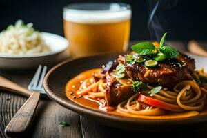 poulet et nouilles dans une sauce avec une bière. généré par ai photo