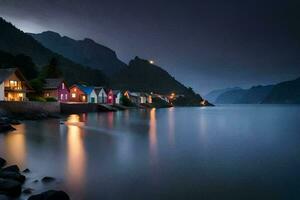 Maisons sur le l'eau à nuit avec montagnes dans le Contexte. généré par ai photo