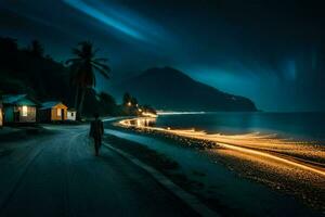 une homme des promenades le long de le plage à nuit avec lumières sur le route. généré par ai photo