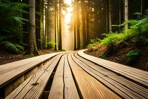 en bois chemin dans le forêt à le coucher du soleil. généré par ai photo