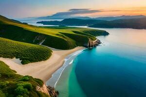 le magnifique plage et vert collines à le coucher du soleil. généré par ai photo