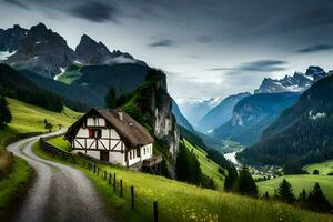 le maison dans le montagnes. généré par ai photo