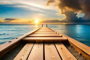 une en bois Dock pistes à le océan à le coucher du soleil. généré par ai photo