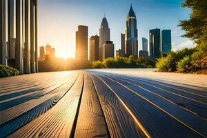 une en bois passerelle dans de face de une ville ligne d'horizon. généré par ai photo