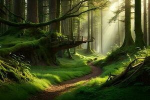 une chemin par une forêt avec des arbres et rayons de soleil. généré par ai photo