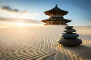 le Japonais pagode dans le sable. généré par ai photo