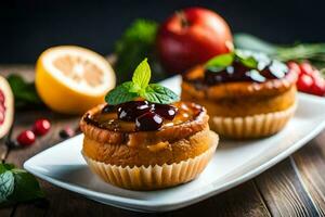 deux muffins avec fruit et baies sur une blanc plaque. généré par ai photo