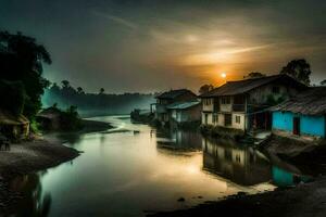 une rivière dans le milieu de une village à le coucher du soleil. généré par ai photo