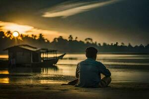 une homme séance sur le plage à le coucher du soleil. généré par ai photo