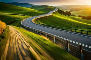 une enroulement route dans le campagne avec le Soleil paramètre. généré par ai photo