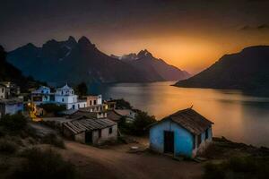 une village est assis sur le rive de une Lac à le coucher du soleil. généré par ai photo