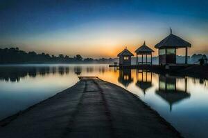 le Soleil monte plus de une Lac avec une Dock et belvédères. généré par ai photo