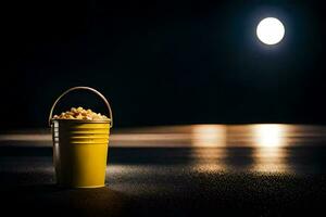 une seau de pop corn sur le route à nuit. généré par ai photo
