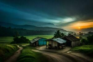 le Soleil ensembles plus de une village dans le montagnes. généré par ai photo