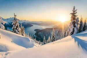 le Soleil monte plus de neige couvert des arbres et montagnes. généré par ai photo