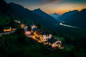 une village dans le montagnes à le coucher du soleil. généré par ai photo