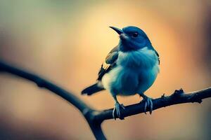 une petit oiseau est séance sur une branche. généré par ai photo