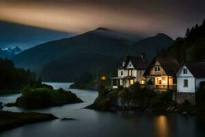 une maison est assis sur le bord de une Lac à nuit. généré par ai photo