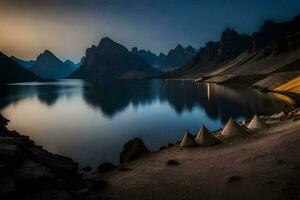 le montagnes sont réfléchi dans le l'eau à le coucher du soleil. généré par ai photo