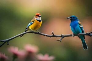 deux coloré des oiseaux séance sur une branche. généré par ai photo