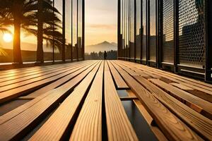 une en bois passerelle avec une vue de le Soleil paramètre. généré par ai photo