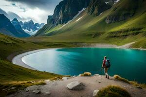 une homme avec une sac à dos des promenades le long de une chemin près une Lac dans le montagnes. généré par ai photo