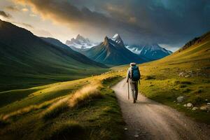 une homme des promenades sur une chemin dans le montagnes. généré par ai photo